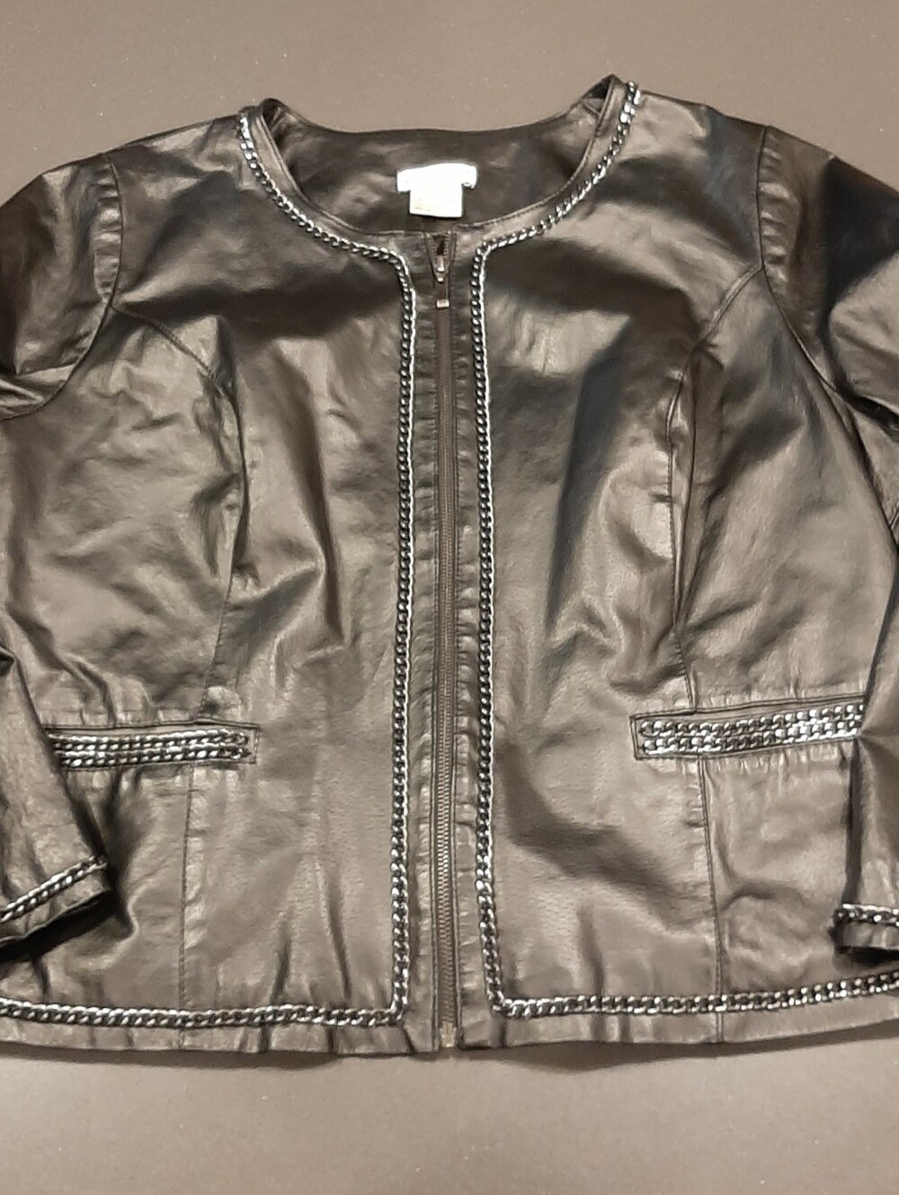 Black Genuine Leather Chain Trim Jacket Size 18 Jessica London